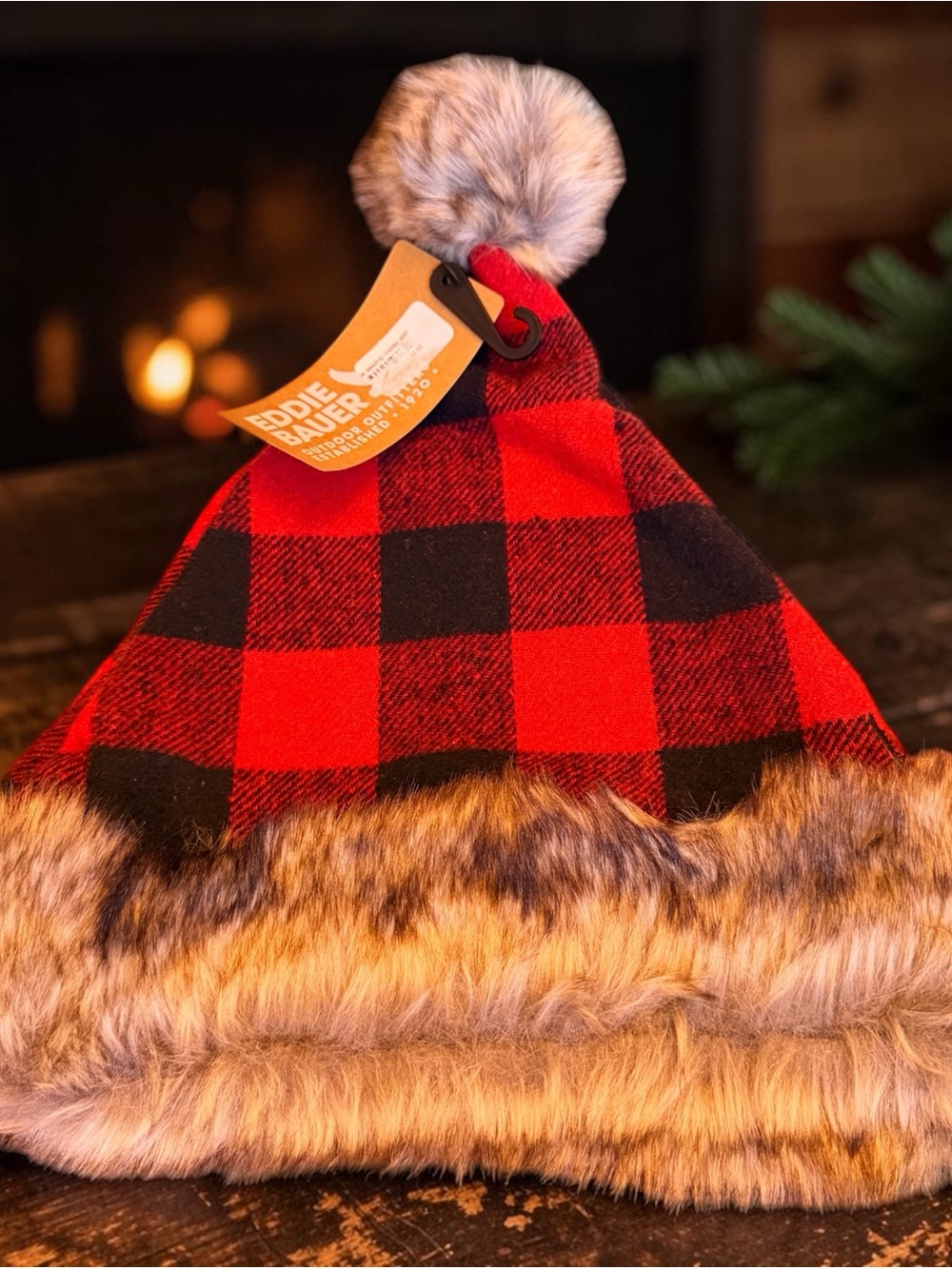 Eddie Bauer Buffalo Plaid Santa Hat with Faux Fur Trim - NWT/Unisex - $44 Retail